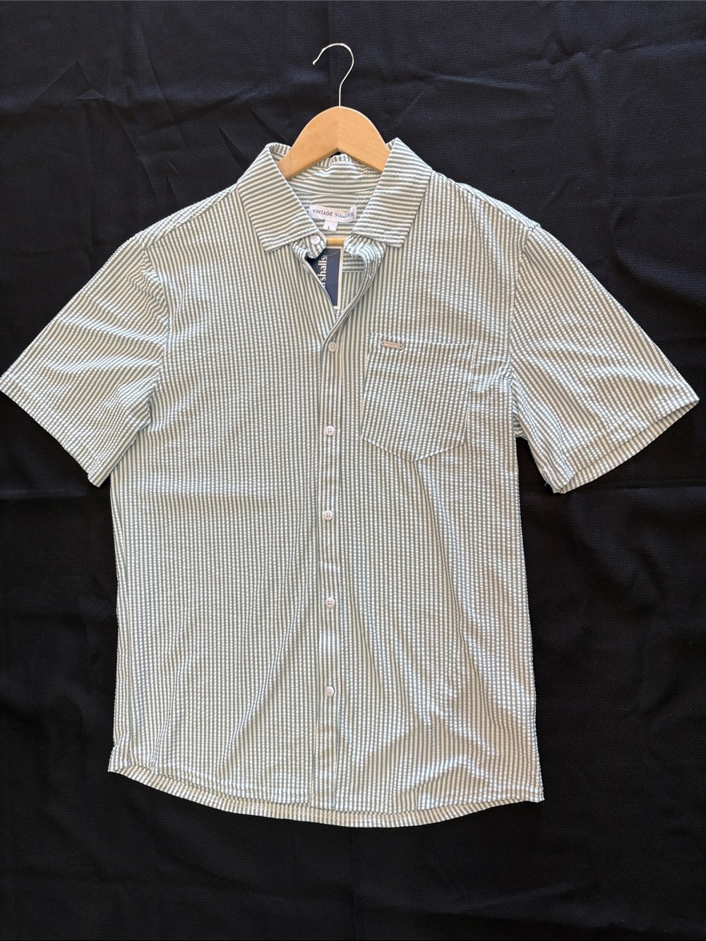 Men's Short-Sleeve Green and White Striped Button-Down Shirt